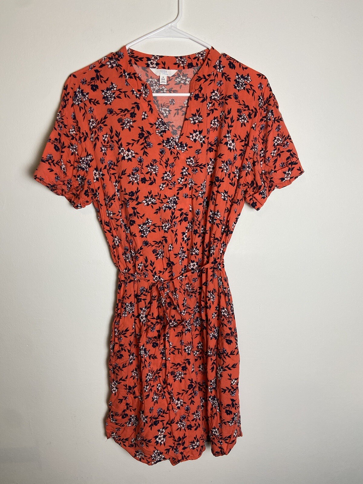 Time and Tru Womens Coral Floral Short Sleeve Woven Shirt Dress Size Small 4-6
