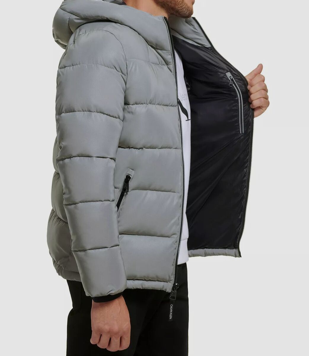 $251 Calvin Klein Men's Silver High Shine Hooded Puffer $251 Calvin Klein Men's Silver High Shine Hooded Puffer