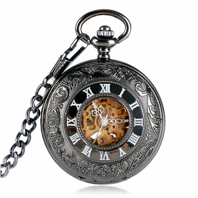 Black Skeleton Automatic Mechanical Pocket Watch with Roman Numerals and Chain