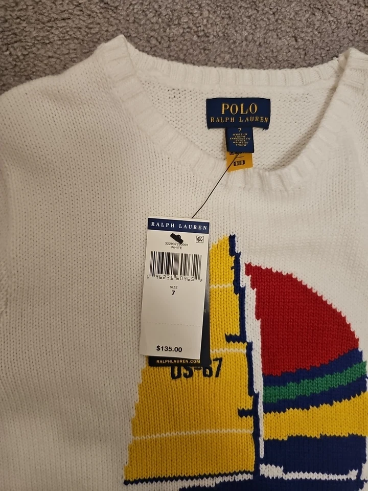 Suéter Polo Ralph Lauren Velero Algodón Cuello Redondo Talla 7 Blanco Nuevo con Etiquetas Foto 3 de 4
