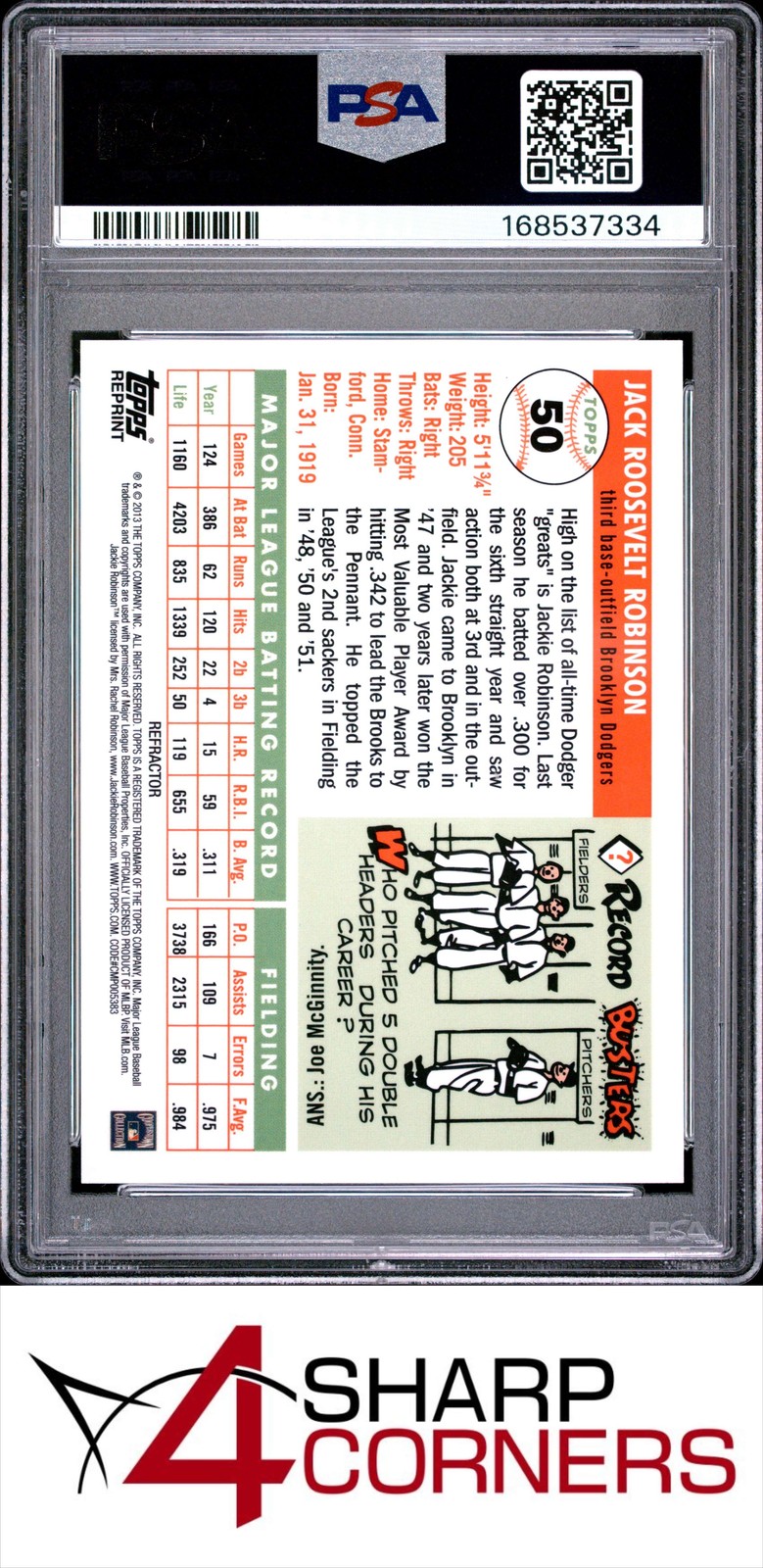 2013 TOPPS JACKIE ROBINSON CHROME REPRINT REFRACTOR #50 HOF PSA 10 view 2