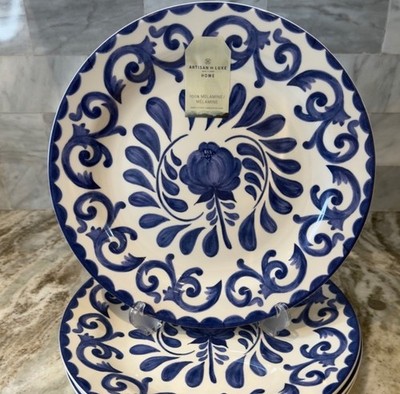 4 Artisan De Luxe Blue Rose Scroll Melamine 11  Dinner Plates Set Of 4 New