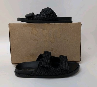 SEQWL Kidman Double Straps Raffia Men's Flat Sandal Size US 10 Black
