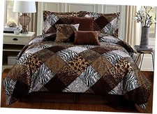 7 Piece Queen Size Brown Black White Animal Print Safari Comforter Set.