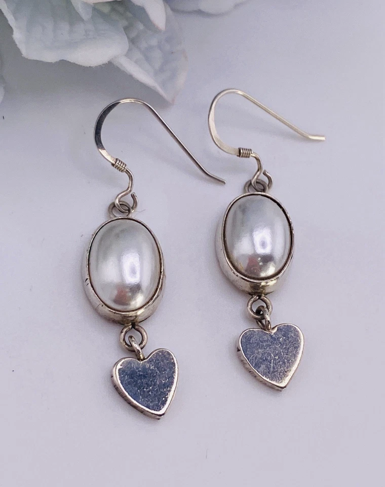 Sterling Pearl Heart Dangle Earrings Artisan Signed P  1.75 Inches - image 2 of 4