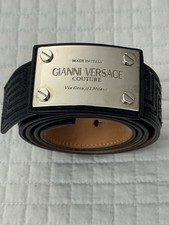 VERSACE VINTAGE BLACK LEATHER GREEK KEY BELT with SILVER TONE BUCKLE 90/36