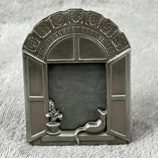 Small Pewter Picture Frame Kitty Cat On Ledge Peeking Out Arched Window Grandma