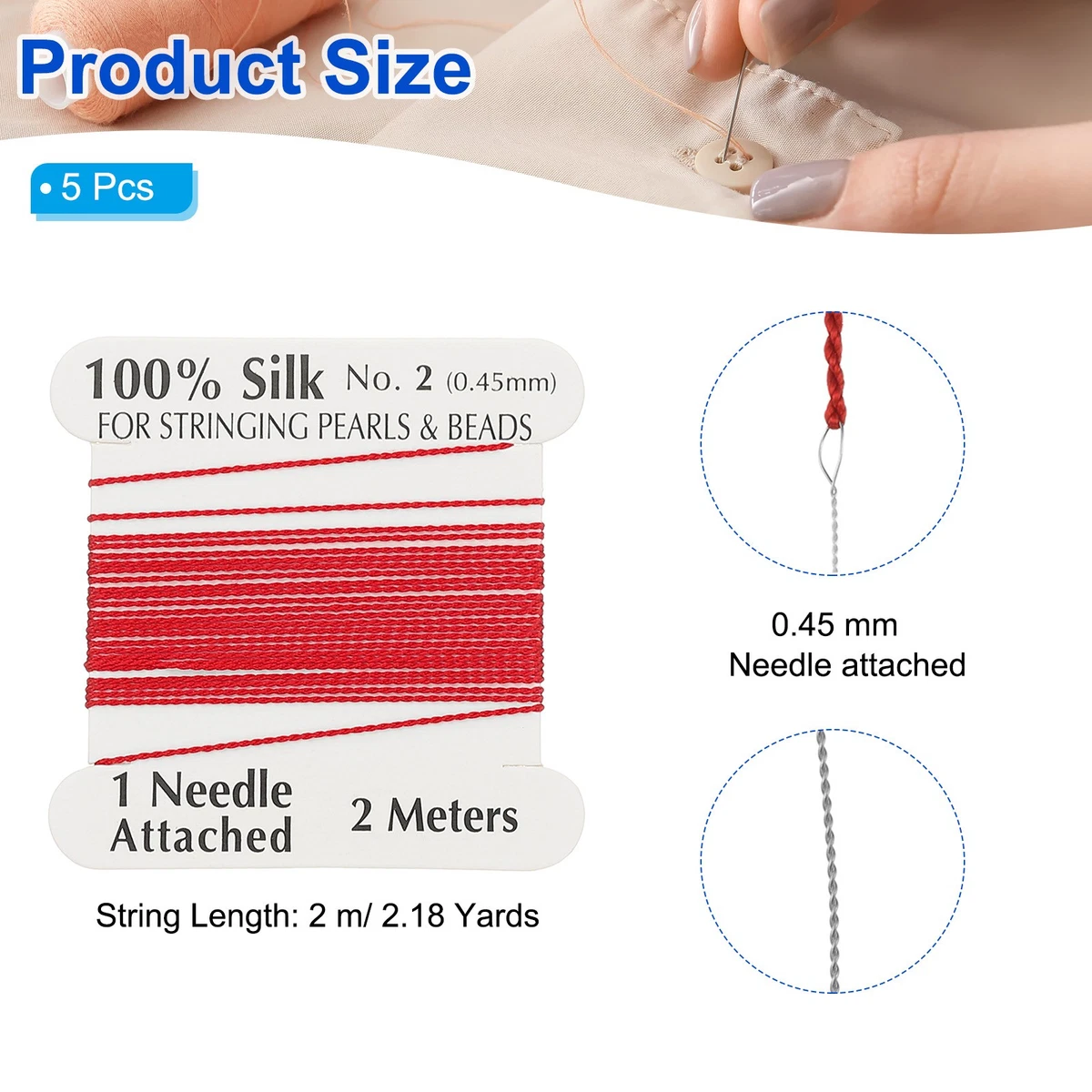 Silk Cord Thread, 5 Pcs Pure Silk Beading Thread Cord Size 0.45 mm, Red