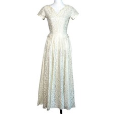 Vintage 1950s Ivory Lace Wedding Dress Iridescent Sequins Crown Metal Zipper S/M