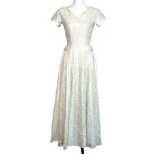 Vintage 1950s Ivory Lace Wedding Dress Iridescent Sequins Crown Metal Zipper S/M