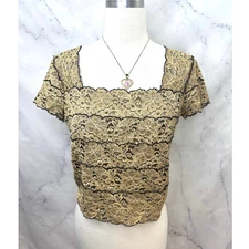 Vintage 90s Y2k Lace blouse Top Crop XL Whimsigoth Grunge Gold Black 00s office