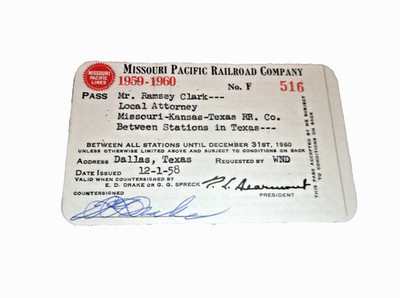 1959 1960 MISSOURI PACIFIC MOPAC RAILROAD EMPLOYEE PASS #516 MKT