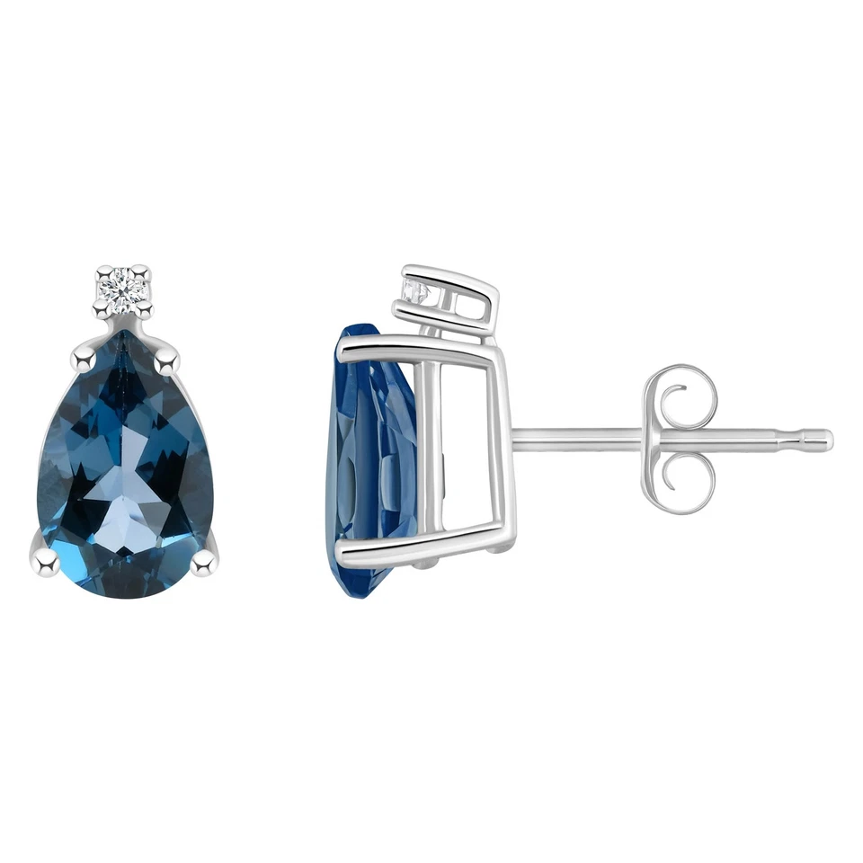 Aretes de oro blanco de 14 quilates con detalles de diamantes y topacio azul Londres en forma de pera de 8x5 mm Foto 2 de 4