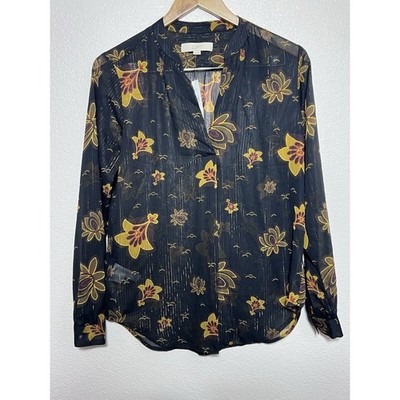 Loft Sheer Top Blouse Dark Floral Mettalic Sz XS NEW