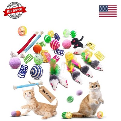 Cat Toys for Indoor Cats, 34 Packs Interactive Cat Toy Set with Colorful Spri...