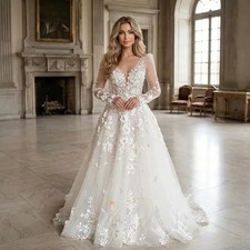 Floral Lace Boho Wedding Dress For Bride Transparent Back Long Sleeves A-Line