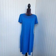 NWT Talbots Women's Blue Lace Trim Short Sleeved 100% Cotton Dress Lighweight L