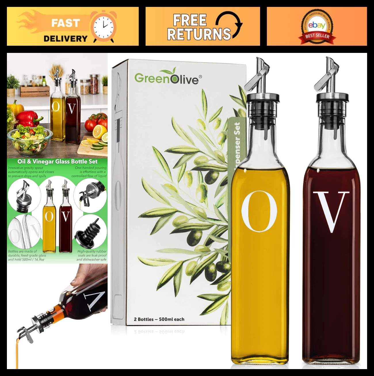 Olive Oil & Vinegar Dispenser Set - 17 oz Glass Bottles with No-Drip Spouts - Ki