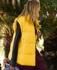 Women's Yellow Puff Standing Collar Down Vest Sleeveless Zipper