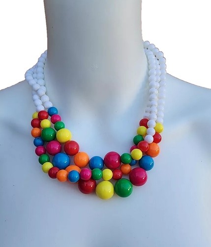 Vintage Bubblegum Bakelit? Neon & Weiß Regenbogen Perlen Halskette - leuchtet in UV *LESEN*