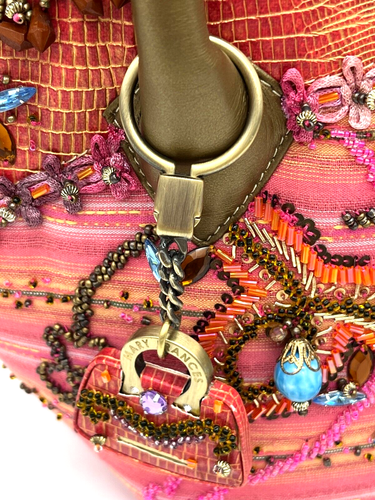 Vintage Mary Frances Southwest Sunset Pink Turquoise Crystal Beaded Silk Purse - Picture 8 of 24