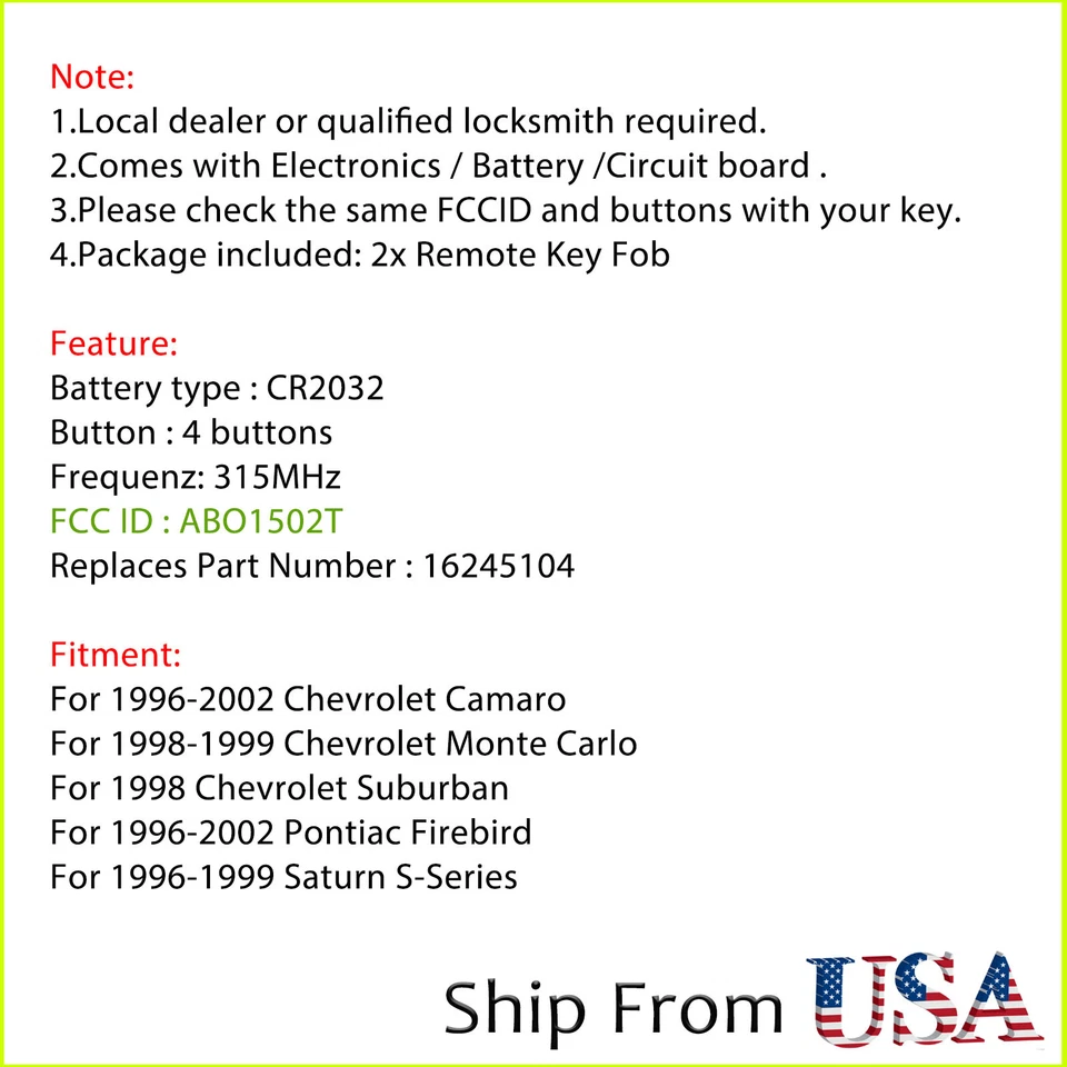 For Chevrolet Camaro 1996 1997 1998 1999 2000 2001 2002  Keyless Remote Key Fob - Image 2 of 4