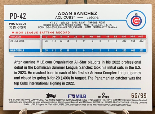 Adan Sanchez 2024 Topps Chrome Pro Debut #PD-42 Green Foil 65/99 - Picture 2 of 2