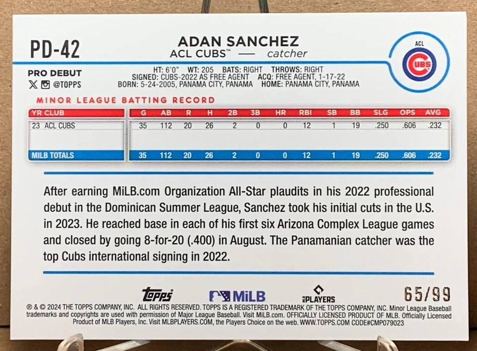 Adan Sanchez 2024 Topps Chrome Pro Debut #PD-42 Green Foil 65/99 - Image 2 of 2
