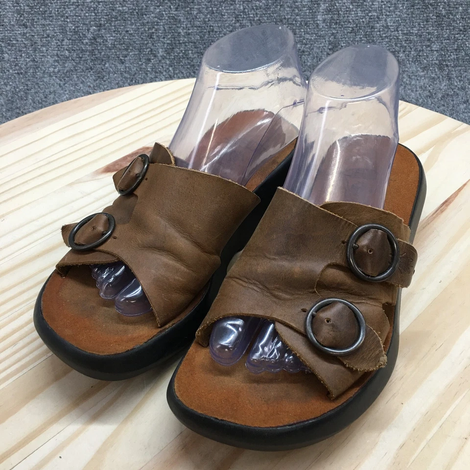 Fly London Sandals Womens 37 Bald849fly Slide Brown Buckle Slip On Wedge Heels - Image 3 of 4