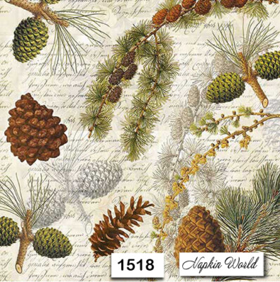 (1518) TWO Individual Paper Luncheon Decoupage Napkins - FOREST PINE SCRIPT CONE