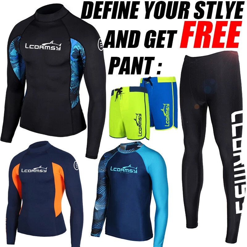 MEN'S RASH GUARD BEACH LONG SLEEVE SURF SWIM TOP SHIRTS WETSUITS GET A FREE PANT