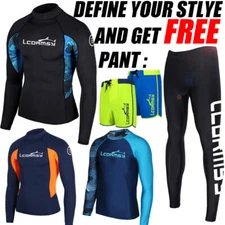 MEN'S RASH GUARD BEACH LONG SLEEVE SURF SWIM TOP SHIRTS WETSUITS GET A FREE PANT