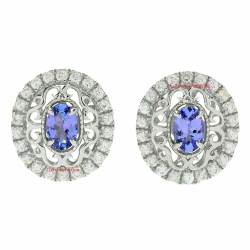 Natural Tanzanite & CZ Gemstones With 925 Sterling Silver Cufflinks For Men #80 - Picture 2 of 3