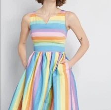 NWT Collectif x ModCloth Rainbow Candice Candy Stripes Dress - Size XXXS (UK 4)