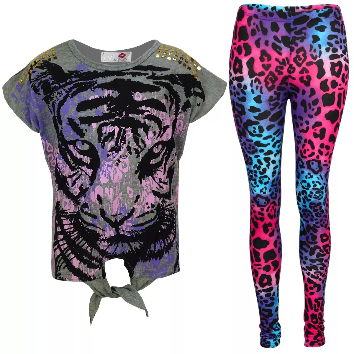 New Girls Tiger Face Print Glitter Multi Color Top T Shirt