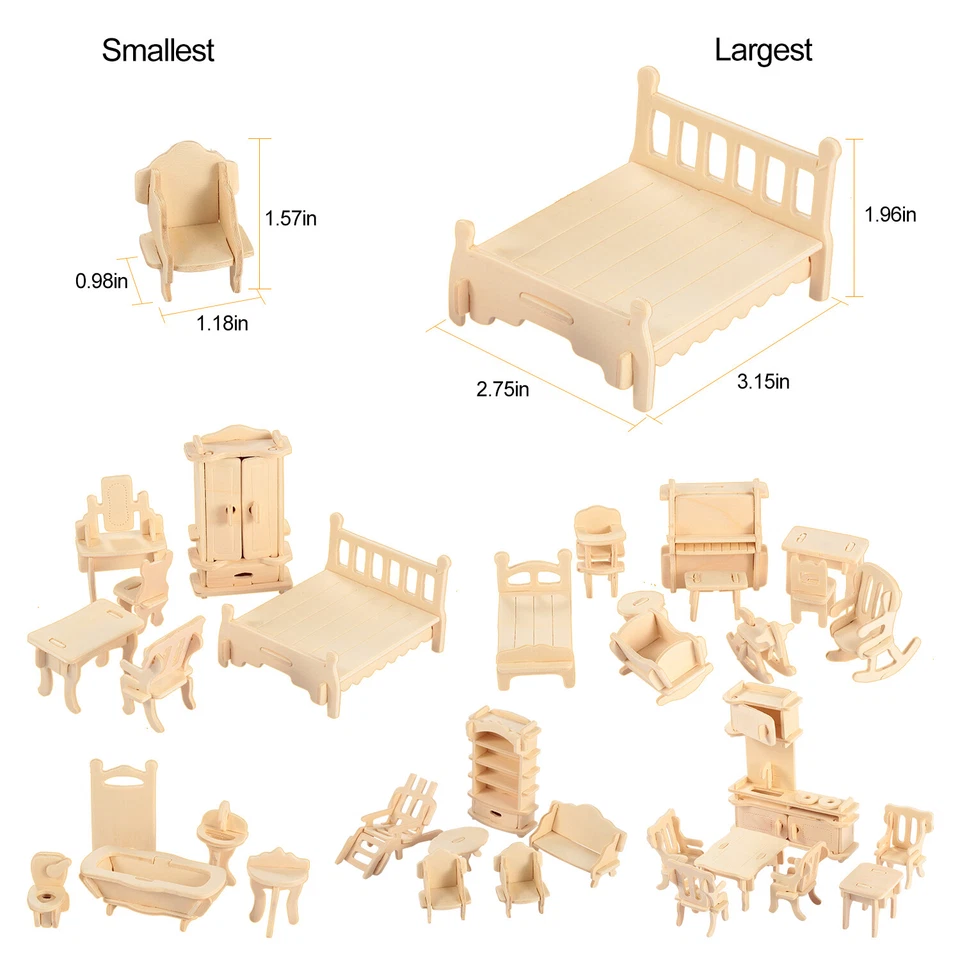 3D Wooden Dollhouse Furniture Puzzle DIY House Room Miniature Model Set Kid Gift - Image 2 of 4