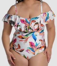 135 La Blanca Women's White Tropical Ruffle One-Piece Swimwear Size 16W