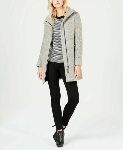 CALVIN KLEIN Wool Blend Faux Leather Trim Boucle Walker Coat Light Grey XL UK - Picture 7 of 12