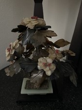 MID CENTURY CARVED JADE AGATE BONSAI FLOWER TREE 14.25"