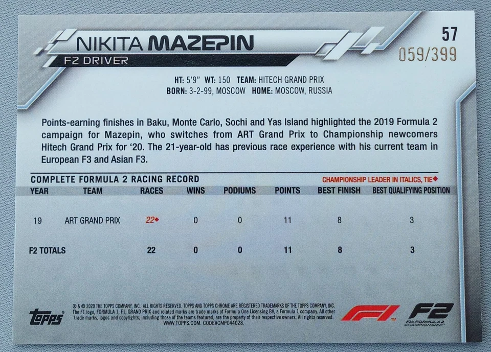 2020 Topps Chrome Formula 1 F1 Nikita Mazepin Purple Refractor RC /399 #57 - Image 2 of 2