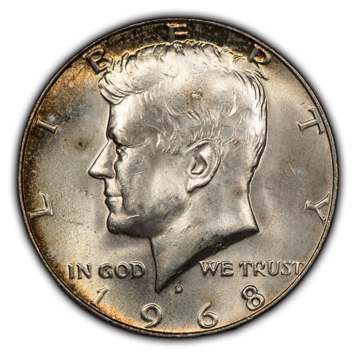 1968-D 50c Kennedy Half Dollar - Colorful Rim Toning - BU - SKU