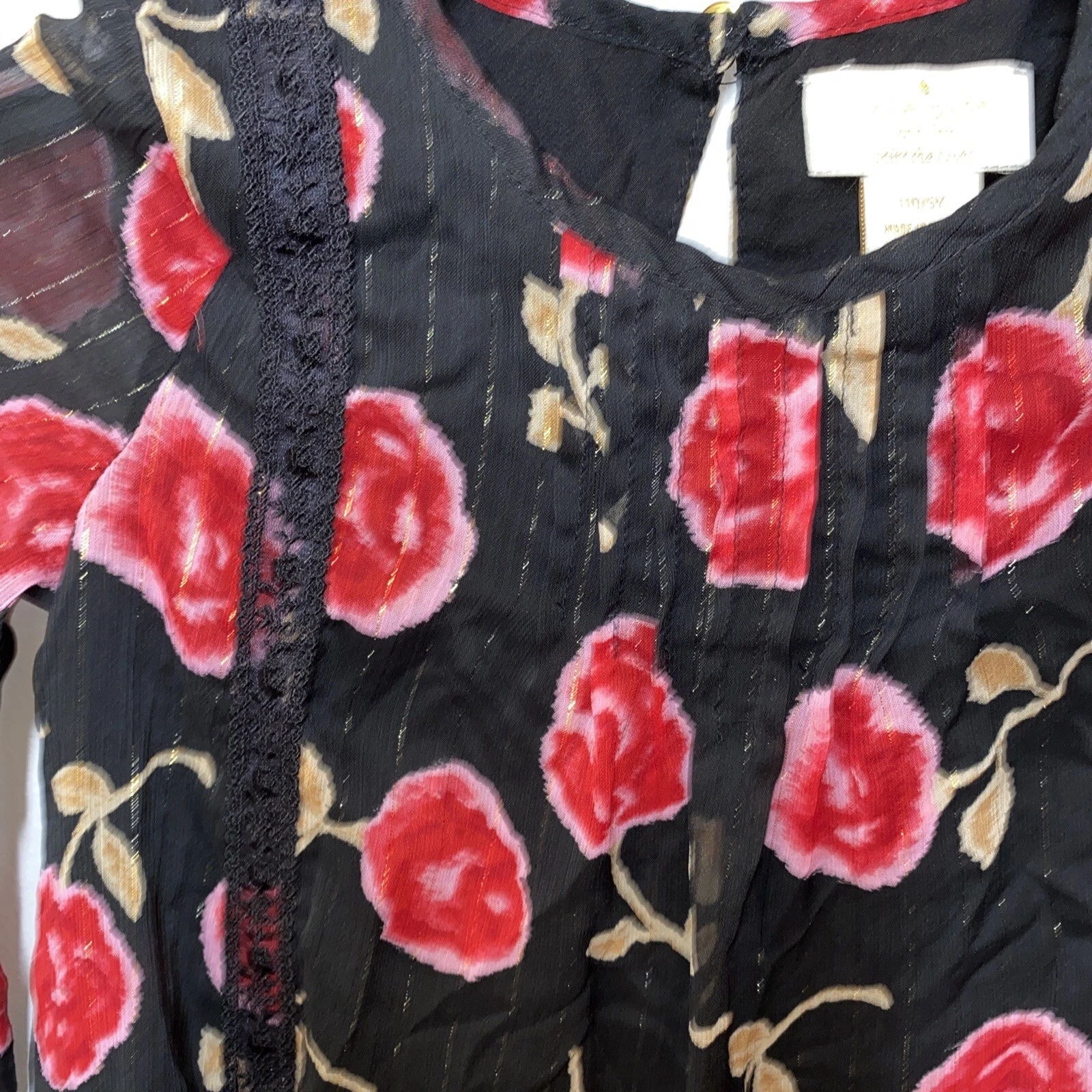 Abito da ragazza Kate Spade taglia 5 rose giovanili su sfondo filo metallico nero