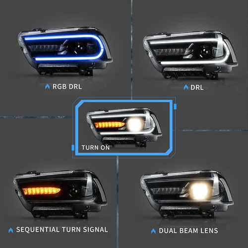 Pair VLAND RGB LED Headlights+Clear LED Taillights For Dodge Charger 2011-2014 - Picture 11 of 15