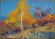 Ukrainian acrylic painting Impressionism tree autumn yellow leaves sunny day