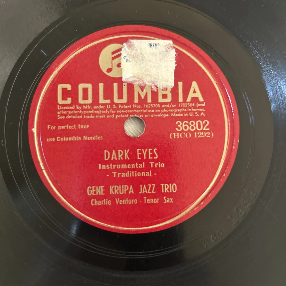10" 78 RPM-Gene Krupa Jazz Trio-Dark Eyes/Leave Us Leap/Columbia 36802 Vg+ Foto 2 de 4
