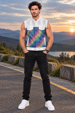 Men's Rainbow Leather Denim Vest Sleeveless Jacket Casual Streetwear Waistcoat