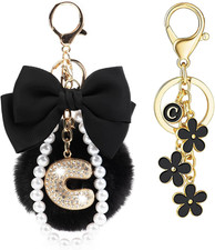 Initial Letter Keychain for Women Girls Cute Bow Flower Puff Ball Pom Purse Bag