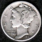 1941 War Time Mercury Silver Dime, Fine, KM 140