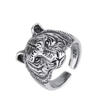 Sterling Silver 925 Tiger Head Open Ring Unisex Bold Animal Statement Jewelry