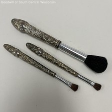 Vintage Ornate Silver-Tone Handle Makeup Brushes 3 Pc. Lot